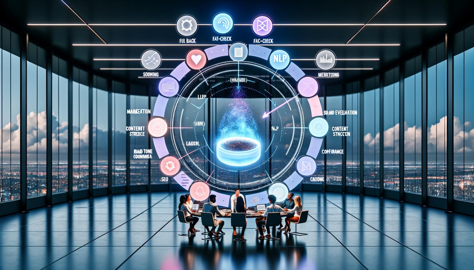 Futuristisches Büro mit Marketingteam vor holografischem Analytics-Dashboard; farbige NLP-Scorecards, semantische Graphen, Keyword-Wolken, Risiko- und Compliance-Icons; zentraler KI-Scanner analysiert ein Dokument in Echtzeit; SEO-, Fact-Check-, Brand-Tone- und Struktur-Icons im Kreis; Stadtpanorama im Hintergrund.