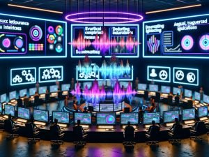 Futuristisches Musik‑AI‑Studio mit Marketer:innen und Audio‑Ingenieur:innen, holografischen Wellenformen, KPI‑Dashboards und KI‑Prompts; dynamische, markenkonforme Audio‑Motive reagieren in Echtzeit auf Zielgruppen, Wetter und Zeit; Symbole für Compliance, Wasserzeichen und Lizenzen.