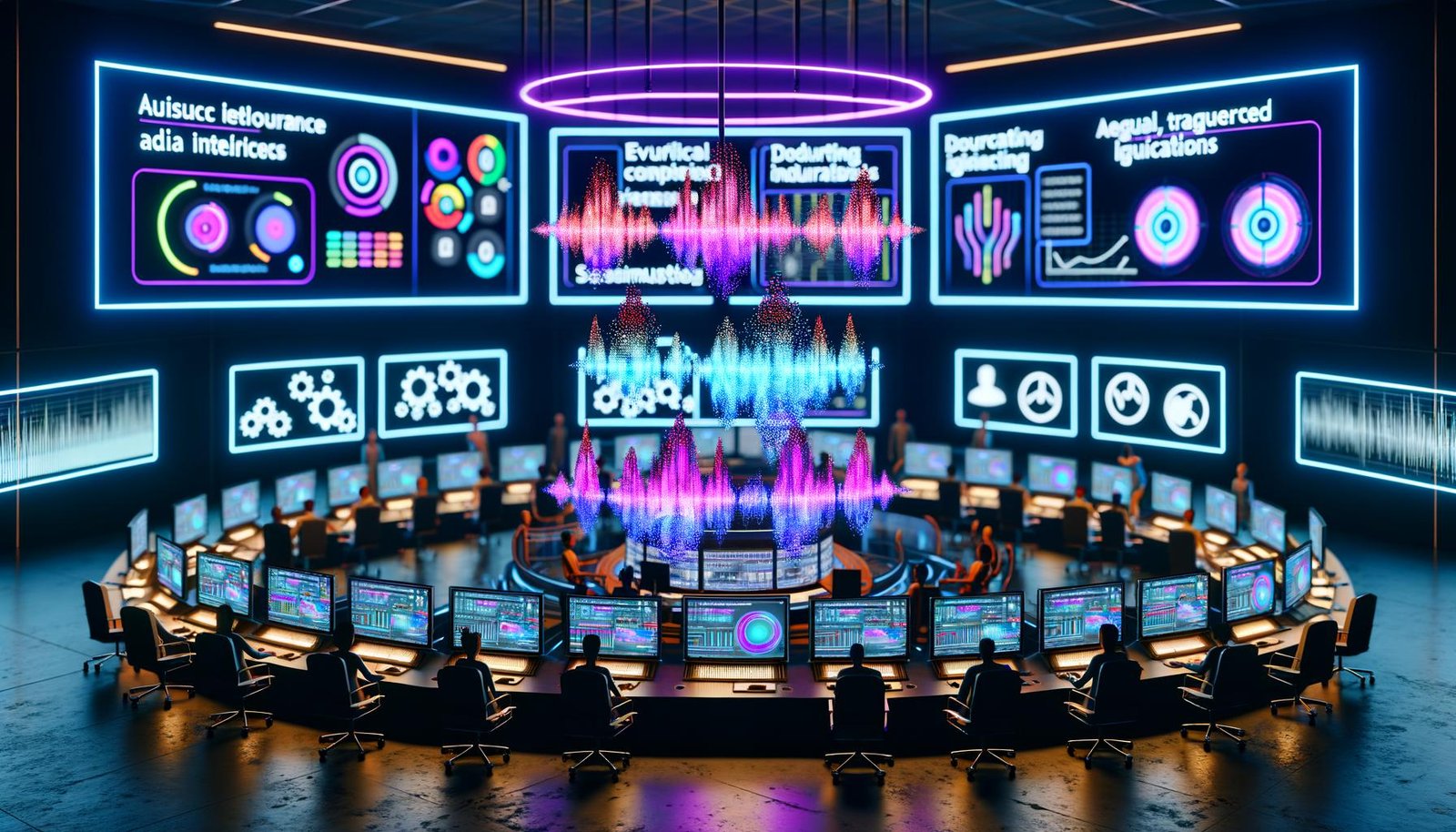 Futuristisches Musik‑AI‑Studio mit Marketer:innen und Audio‑Ingenieur:innen, holografischen Wellenformen, KPI‑Dashboards und KI‑Prompts; dynamische, markenkonforme Audio‑Motive reagieren in Echtzeit auf Zielgruppen, Wetter und Zeit; Symbole für Compliance, Wasserzeichen und Lizenzen.