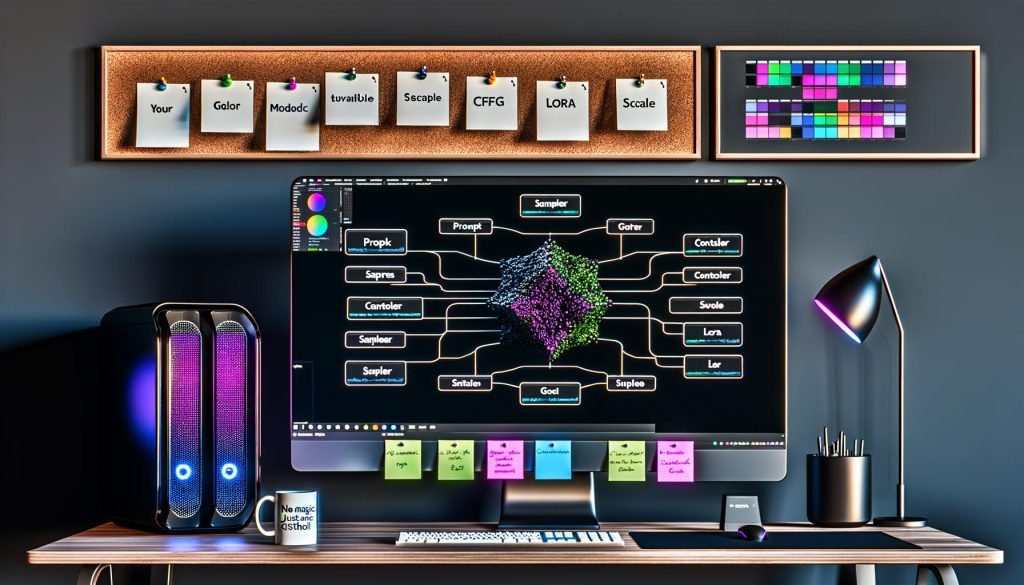 Futuristischer Schreibtisch mit ComfyUI-ähnlicher Node-Graph-Ansicht (Prompt, Sampler, ControlNet, LoRA, Upscale), photorealistischem Produktmockup, Moodboards und sichtbarer RTX 4090.