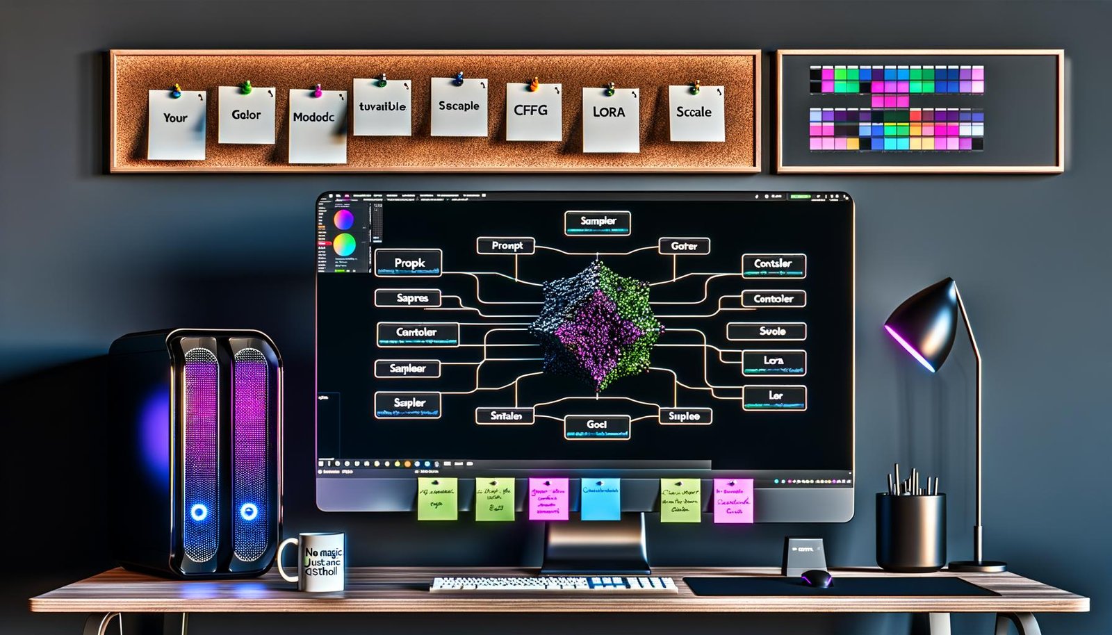 Futuristischer Schreibtisch mit ComfyUI-ähnlicher Node-Graph-Ansicht (Prompt, Sampler, ControlNet, LoRA, Upscale), photorealistischem Produktmockup, Moodboards und sichtbarer RTX 4090.