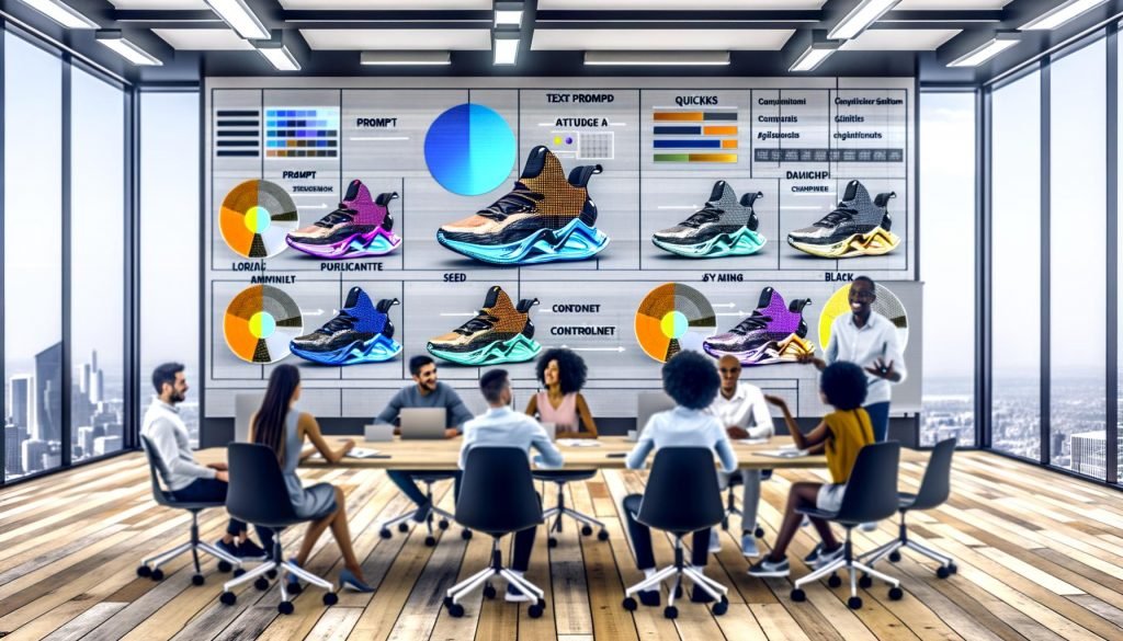 Futuristisches Open Office mit Marketingteam vor großen Displays: KI-generierte Sneaker-Varianten, Metadatenleisten (Prompt, Seed, LoRA, ControlNet), KPI-Charts, GPU-Racks und Workflow vom Textprompt bis ins DAM; Wasserzeichen und Copyright.