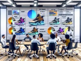 Futuristisches Open Office mit Marketingteam vor großen Displays: KI-generierte Sneaker-Varianten, Metadatenleisten (Prompt, Seed, LoRA, ControlNet), KPI-Charts, GPU-Racks und Workflow vom Textprompt bis ins DAM; Wasserzeichen und Copyright.