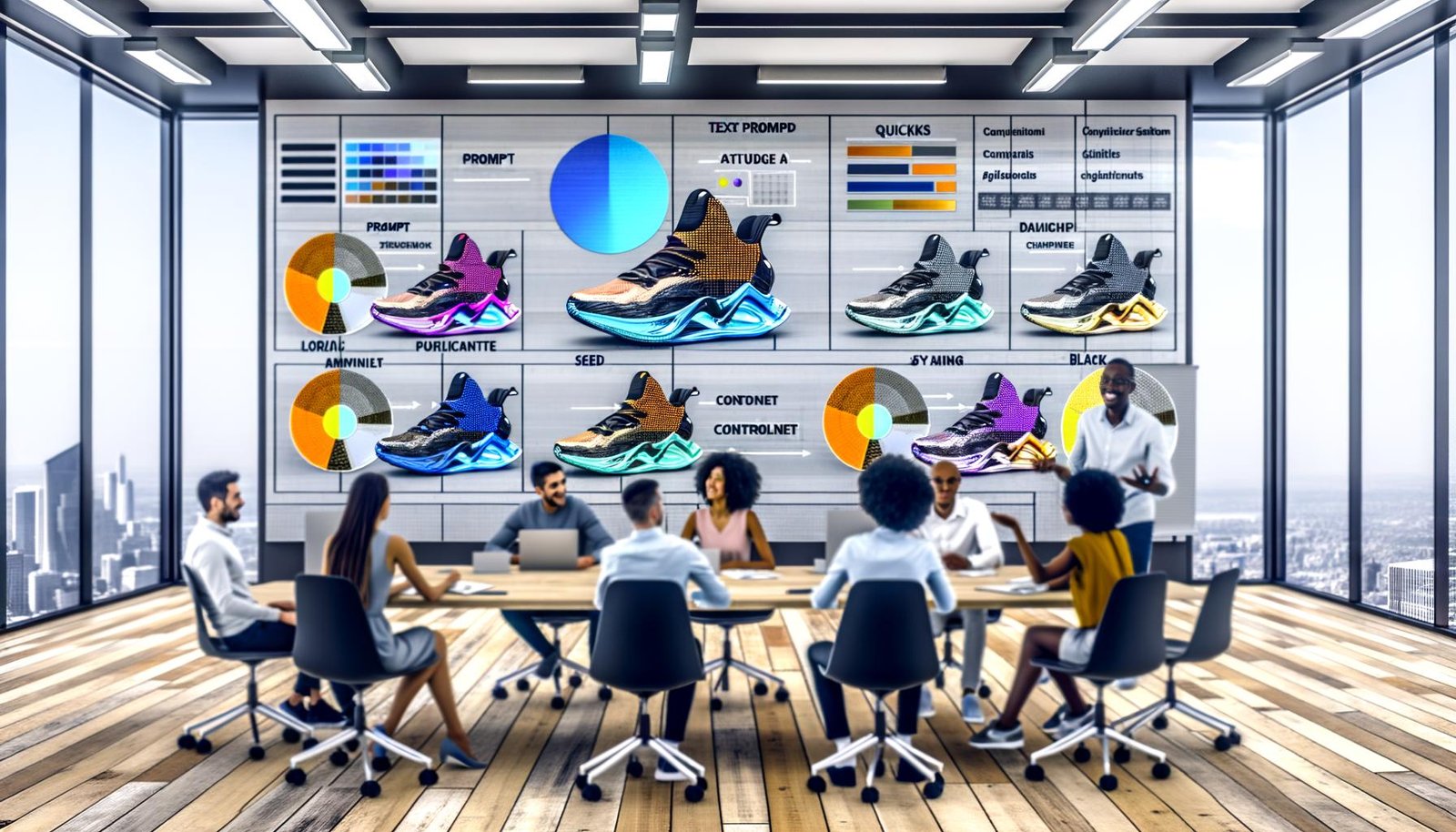 Futuristisches Open Office mit Marketingteam vor großen Displays: KI-generierte Sneaker-Varianten, Metadatenleisten (Prompt, Seed, LoRA, ControlNet), KPI-Charts, GPU-Racks und Workflow vom Textprompt bis ins DAM; Wasserzeichen und Copyright.