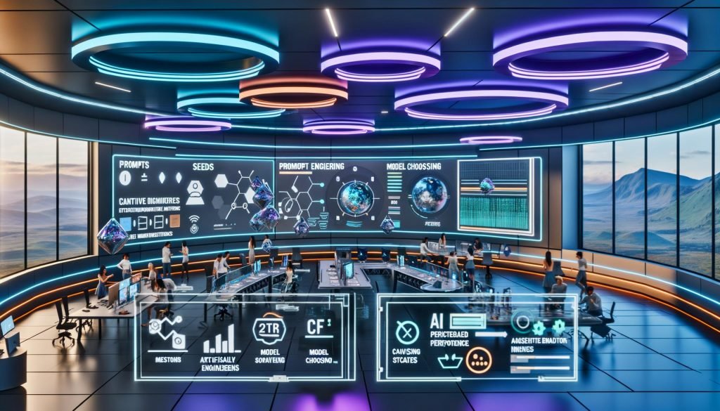Futuristisches Kreativstudio: große Displays mit KI-Bildern, KPI-Dashboards und Prompt-Engineering; Teams an holografischen Interfaces.