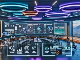 Futuristisches Kreativstudio: große Displays mit KI-Bildern, KPI-Dashboards und Prompt-Engineering; Teams an holografischen Interfaces.