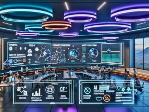 Futuristisches Kreativstudio: große Displays mit KI-Bildern, KPI-Dashboards und Prompt-Engineering; Teams an holografischen Interfaces.