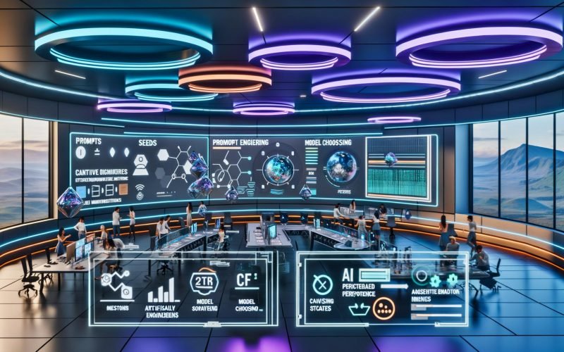 Futuristisches Kreativstudio: große Displays mit KI-Bildern, KPI-Dashboards und Prompt-Engineering; Teams an holografischen Interfaces.