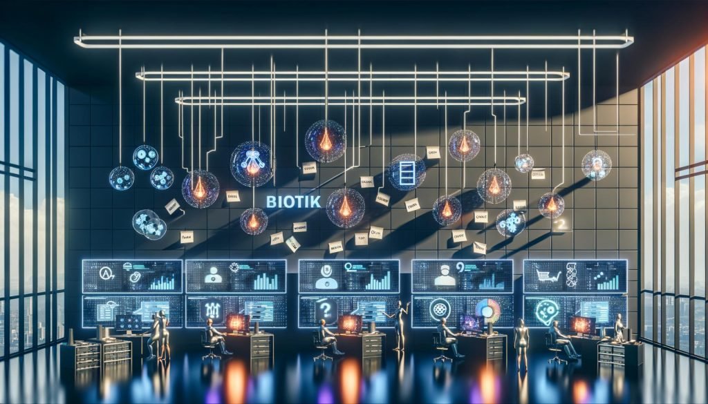 High-Tech-Marketing-Workspace mit Team vor Dashboards; Datenpipelines, KI-Symbole, Roboterarme sowie KPIs und Compliance im Blick.