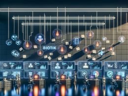 High-Tech-Marketing-Workspace mit Team vor Dashboards; Datenpipelines, KI-Symbole, Roboterarme sowie KPIs und Compliance im Blick.