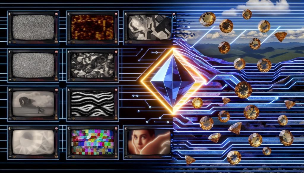 Split‑Screen: links verwaschenes VHS/Low‑Res‑Video mit Rauschen, Interlacing und Kompressionsblöcken; rechts sauberes 4K mit natürlichen Hauttönen und glatten Verläufen. Darüber ein futurales Interface mit Visualisierungen neuronaler Netze, Optical‑Flow‑Vektoren und Topas‑Symbolik; zentral eine leuchtende GPU für Echtzeit‑KI. Luminöse Pipelines heben Details aus 80er‑Broadcast, Amateur‑Smartphone und modernem Digitalmaterial. „404 Magazine“-Wasserzeichen am unteren Rand.