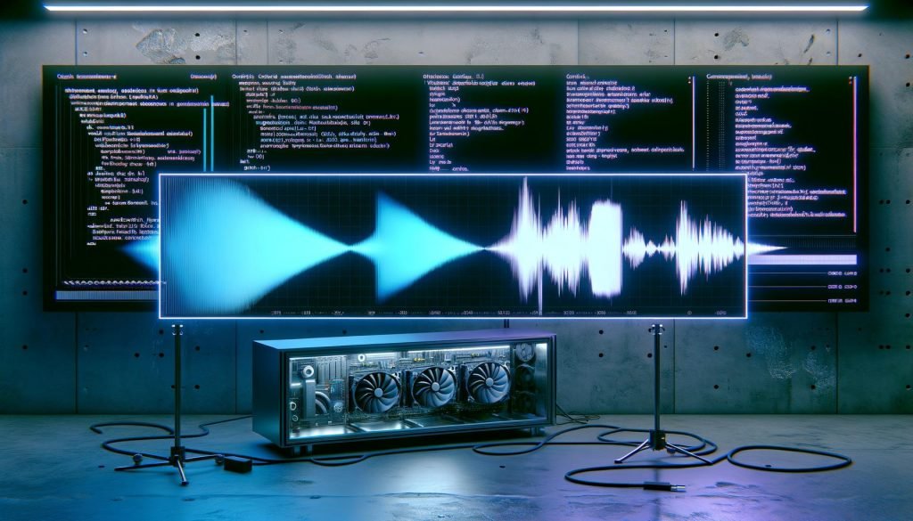 Futuristisches Hacker-Lab: große Audio-Spektrogramme, mehrsprachiger Textstrom, Code-Monitore (Python, Docker, YAML) und eine freiliegende GPU im offenen Server.
