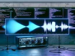 Futuristisches Hacker-Lab: große Audio-Spektrogramme, mehrsprachiger Textstrom, Code-Monitore (Python, Docker, YAML) und eine freiliegende GPU im offenen Server.