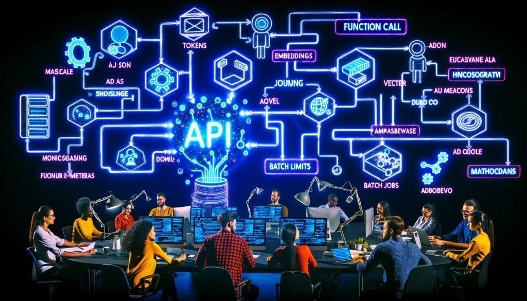 Marketing- und Entwicklungsteam arbeitet an digitalen Dashboards; holografische Visualisierung des OpenAI-API-Workflows mit verzweigten Datenpipelines, JSON- und Token-Icons, Rate-Limits und Vektor-Datenbanken; automatisierte Content-, SEO-, Ads- und Chat-UX-Streams; Mikroservices, Smart-Assistenten und Roboterarme im Hintergrund; Sticky Notes mit „Function Call“, „Embeddings“, „Batch Jobs“, „DSGVO“.