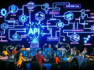 Marketing- und Entwicklungsteam arbeitet an digitalen Dashboards; holografische Visualisierung des OpenAI-API-Workflows mit verzweigten Datenpipelines, JSON- und Token-Icons, Rate-Limits und Vektor-Datenbanken; automatisierte Content-, SEO-, Ads- und Chat-UX-Streams; Mikroservices, Smart-Assistenten und Roboterarme im Hintergrund; Sticky Notes mit „Function Call“, „Embeddings“, „Batch Jobs“, „DSGVO“.