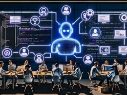 Modernes Büro mit Entwicklerteam vor großen Bildschirmen; zentraler, leuchtender KI-Agent integriert Code-Editoren, Terminals, Issue-Tracker, Git, CI/CD, Sicherheit, Compliance und Audit-Logs.