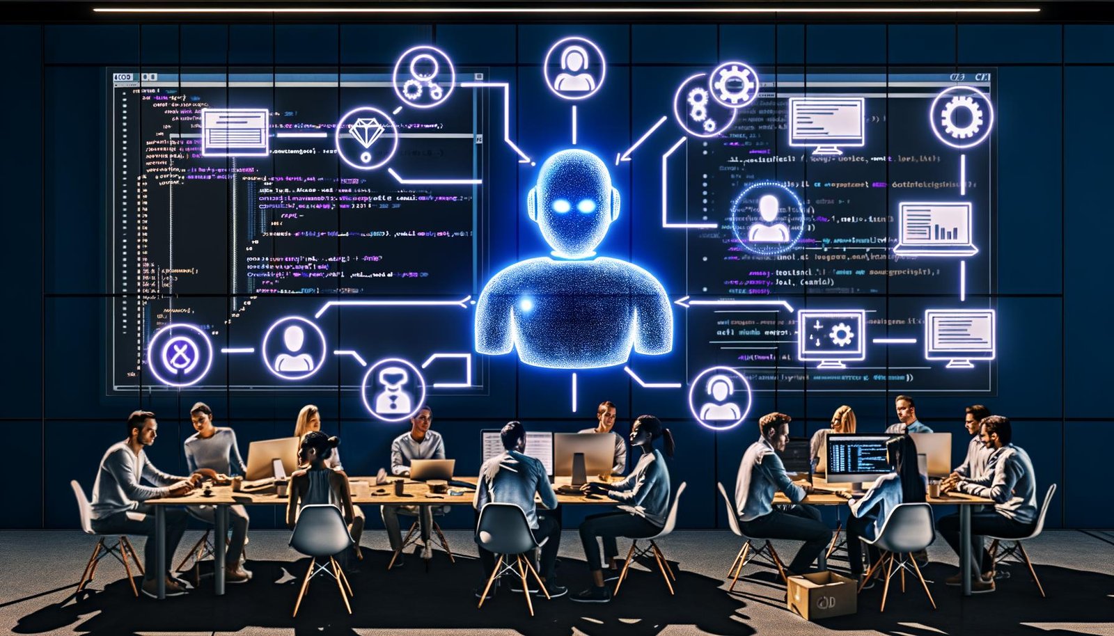 Modernes Büro mit Entwicklerteam vor großen Bildschirmen; zentraler, leuchtender KI-Agent integriert Code-Editoren, Terminals, Issue-Tracker, Git, CI/CD, Sicherheit, Compliance und Audit-Logs.