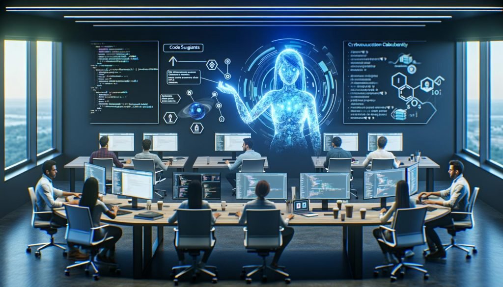 Diverse Softwareentwickler in modernem Büro, zentral ein Programmierer mit holografischem KI‑Codeassistenten; Monitore mit Code‑Editoren, CI/CD‑Pipelines und Qualitätsdashboards; Sicherheits- und Compliance‑Hinweise sichtbar.