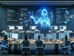 Diverse Softwareentwickler in modernem Büro, zentral ein Programmierer mit holografischem KI‑Codeassistenten; Monitore mit Code‑Editoren, CI/CD‑Pipelines und Qualitätsdashboards; Sicherheits- und Compliance‑Hinweise sichtbar.