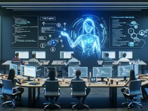 Diverse Softwareentwickler in modernem Büro, zentral ein Programmierer mit holografischem KI‑Codeassistenten; Monitore mit Code‑Editoren, CI/CD‑Pipelines und Qualitätsdashboards; Sicherheits- und Compliance‑Hinweise sichtbar.