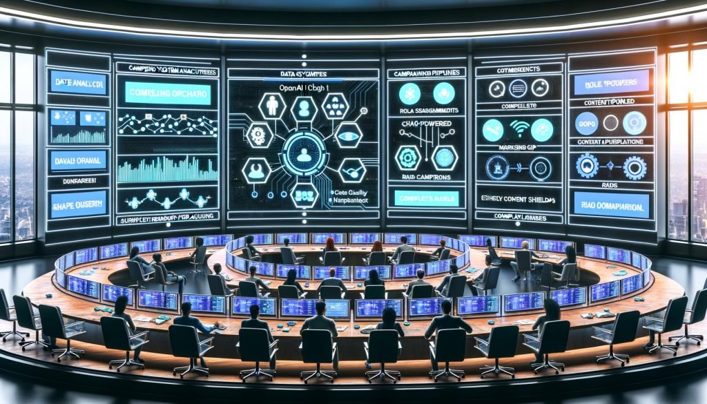 High-Tech-Marketing-Kontrollraum: OpenAI Chat steuert Workflows über CRM, Analytics und Content; Teams überwachen KPIs in Echtzeit.