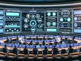 High-Tech-Marketing-Kontrollraum: OpenAI Chat steuert Workflows über CRM, Analytics und Content; Teams überwachen KPIs in Echtzeit.