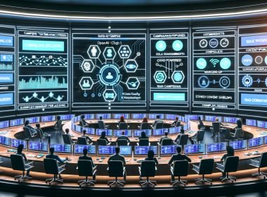 High-Tech-Marketing-Kontrollraum: OpenAI Chat steuert Workflows über CRM, Analytics und Content; Teams überwachen KPIs in Echtzeit.