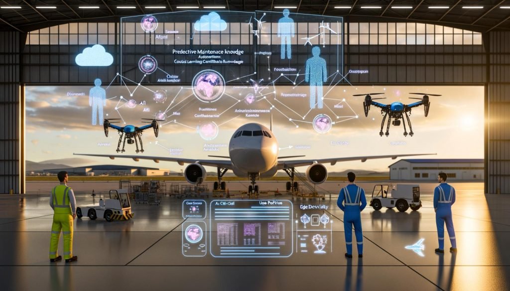 Techniker inspizieren ein Etihad-Großraumflugzeug im Hangar; holografische Sensordaten, Digital-Twin-Overlays und Drohnen.