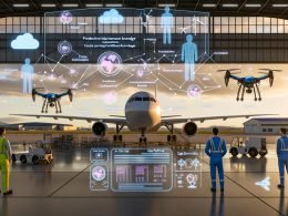 Techniker inspizieren ein Etihad-Großraumflugzeug im Hangar; holografische Sensordaten, Digital-Twin-Overlays und Drohnen.