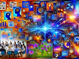 Dynamische Collage: Links diskutiert ein Kreativteam Brand-Guidelines und Moodboards mit Stockfotos; in der Mitte leuchten KI-Server und vernetzte neuronale Netze; rechts erscheinen einzigartige Kampagnenmotive auf Website, Smartphone und Social-Feeds. Overlays mit Prompts, Negative Prompts, Seeds, Metadaten, SEO-Icons, Brand-Safety-Schildern sowie Symbolen für Recht, GDPR und Lizenzen.