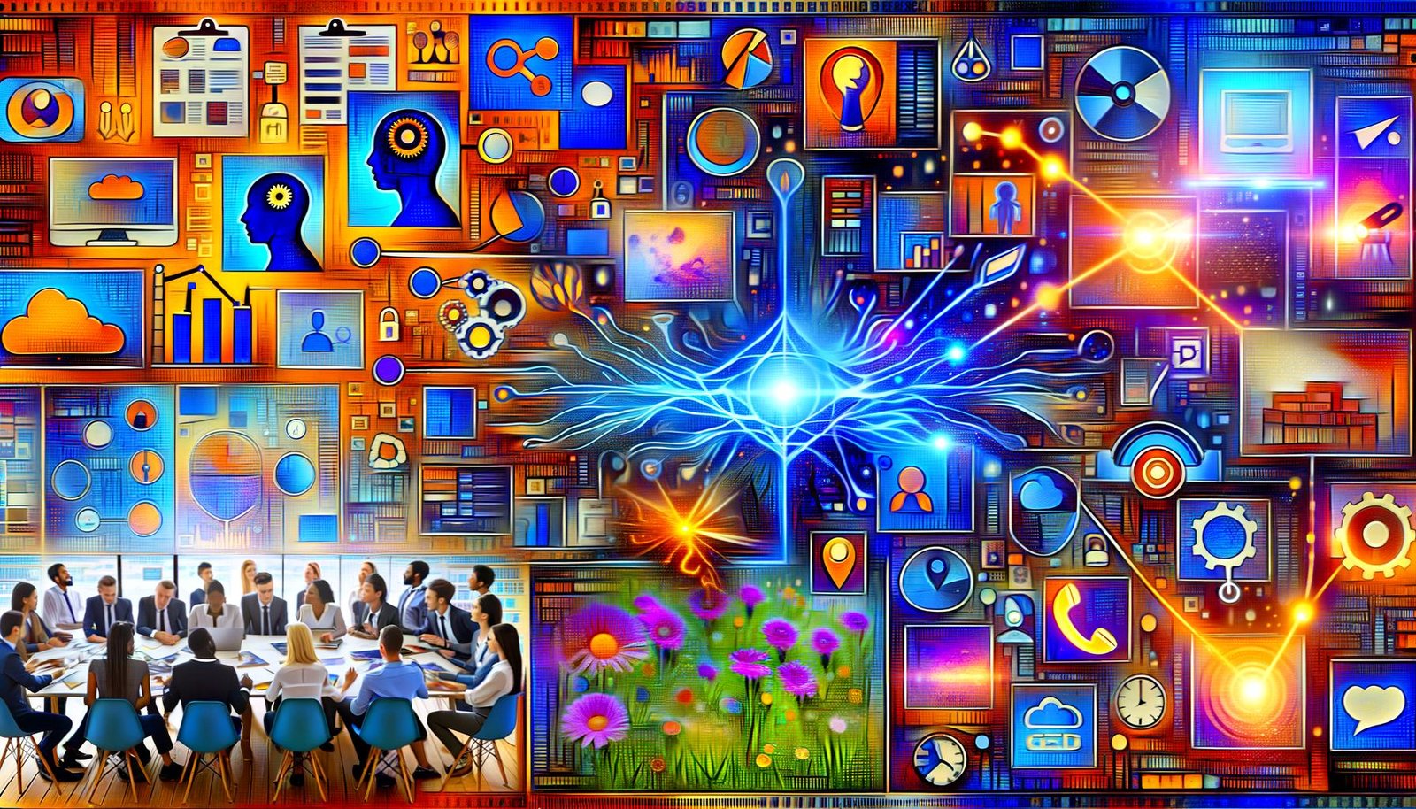 Dynamische Collage: Links diskutiert ein Kreativteam Brand-Guidelines und Moodboards mit Stockfotos; in der Mitte leuchten KI-Server und vernetzte neuronale Netze; rechts erscheinen einzigartige Kampagnenmotive auf Website, Smartphone und Social-Feeds. Overlays mit Prompts, Negative Prompts, Seeds, Metadaten, SEO-Icons, Brand-Safety-Schildern sowie Symbolen für Recht, GDPR und Lizenzen.