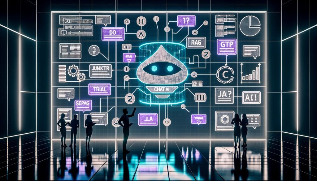 Modernes Marketingteam in digitalem Workspace; zentraler KI‑Chatbot mit Datenstreams, Conversion‑Rates und Integrationen; RAG‑Architektur, Vektor‑DB, JSON‑Validierung, Human‑in‑the‑Loop, DSGVO‑Symbole.