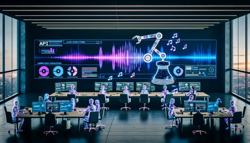 Futuristisches Kreativbüro mit vielfältigem Team; große Displays zeigen Audiowellen, Musikgeneratoren und Kampagnen‑Dashboards; Roboterarm formt digitale Klangwelle; holografische Noten, Logos und Live‑Metriken.