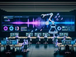 Futuristisches Kreativbüro mit vielfältigem Team; große Displays zeigen Audiowellen, Musikgeneratoren und Kampagnen‑Dashboards; Roboterarm formt digitale Klangwelle; holografische Noten, Logos und Live‑Metriken.