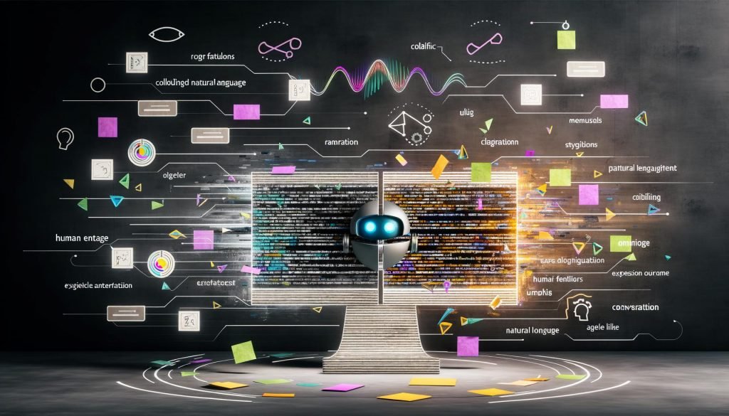 Modernes Büro mit geteiltem Bildschirm: links grauer, roboterhafter Code-Text; rechts farbige, menschliche Sprache mit Markierungen, handschriftlichen Notizen und Post-its; Wellenform, Sprechblasen, Avatare und UX-/Metrik-/Psychologie-Icons.