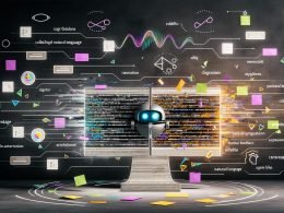 Modernes Büro mit geteiltem Bildschirm: links grauer, roboterhafter Code-Text; rechts farbige, menschliche Sprache mit Markierungen, handschriftlichen Notizen und Post-its; Wellenform, Sprechblasen, Avatare und UX-/Metrik-/Psychologie-Icons.