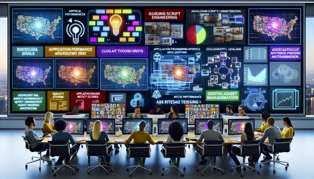 Futuristischer Workspace mit vielfältigem Kreativteam vor großen Screens: KI‑Bilder, Prompt‑Vorlagen, Flowcharts und API‑Automationen; Overlays mit CTR, Quality Scores und Lizenzen; Pipeline von Prompt Engineering/ControlNet bis QA und DAM‑Release.