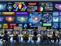 Futuristischer Workspace mit vielfältigem Kreativteam vor großen Screens: KI‑Bilder, Prompt‑Vorlagen, Flowcharts und API‑Automationen; Overlays mit CTR, Quality Scores und Lizenzen; Pipeline von Prompt Engineering/ControlNet bis QA und DAM‑Release.