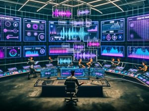 Futuristisches KI-Musikstudio: Marketer tippt Prompts, holografische Displays zeigen Waveforms, neuronale Netze und Dashboards; Avatare prüfen Stems/Hooks, Metadaten und ISRC-Codes.