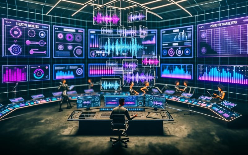 Futuristisches KI-Musikstudio: Marketer tippt Prompts, holografische Displays zeigen Waveforms, neuronale Netze und Dashboards; Avatare prüfen Stems/Hooks, Metadaten und ISRC-Codes.