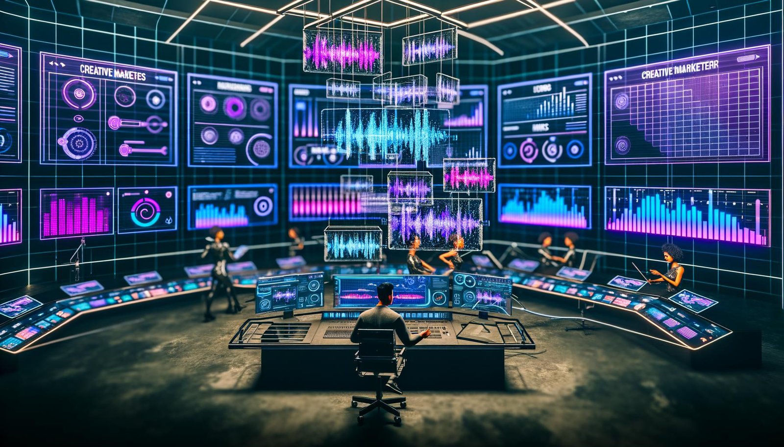 Futuristisches KI-Musikstudio: Marketer tippt Prompts, holografische Displays zeigen Waveforms, neuronale Netze und Dashboards; Avatare prüfen Stems/Hooks, Metadaten und ISRC-Codes.