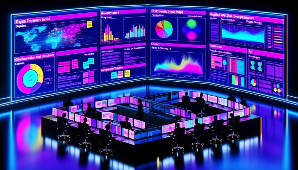 Futuristischer Kontrollraum bei Nacht mit neonblau‑magenta Licht: große Screens zeigen Stylometrie‑Heatmaps, Perplexity/Burstiness, Entropie und Embeddings; diverses Team diskutiert Scores und Risiken, Post‑its „Governance“, „Kontext“, „Transparenz“, Workflow mit GLTR, GPTZero und Turnitin, wasserzeichenmarkierter Text.