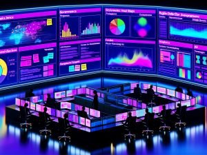 Futuristischer Kontrollraum bei Nacht mit neonblau‑magenta Licht: große Screens zeigen Stylometrie‑Heatmaps, Perplexity/Burstiness, Entropie und Embeddings; diverses Team diskutiert Scores und Risiken, Post‑its „Governance“, „Kontext“, „Transparenz“, Workflow mit GLTR, GPTZero und Turnitin, wasserzeichenmarkierter Text.
