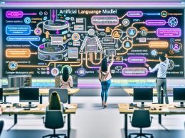 Modernes Büro: diverses Marketing- und Engineering-Team vor großen Monitoren mit Flowcharts und Code; ChatGPT verbindet CMS, CRM, SEO und DevOps; UI zeigt Metriken, versionierte Prompts und Compliance-Häkchen.