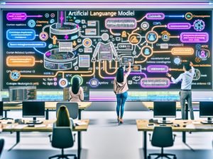 Modernes Büro: diverses Marketing- und Engineering-Team vor großen Monitoren mit Flowcharts und Code; ChatGPT verbindet CMS, CRM, SEO und DevOps; UI zeigt Metriken, versionierte Prompts und Compliance-Häkchen.