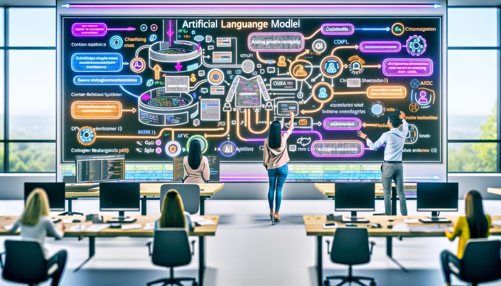 Modernes Büro: diverses Marketing- und Engineering-Team vor großen Monitoren mit Flowcharts und Code; ChatGPT verbindet CMS, CRM, SEO und DevOps; UI zeigt Metriken, versionierte Prompts und Compliance-Häkchen.