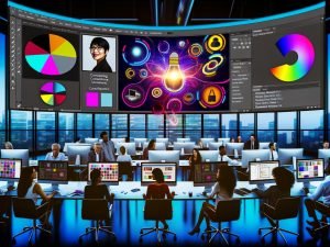 Futuristisches Büro: Marketingteam vor Displays mit Photoshop AI, generativem Füllen, Variantenraster, Batch-Export, Promptbibliothek und Smart-Objects; Firefly, Martech- und DAM-Pipelines.
