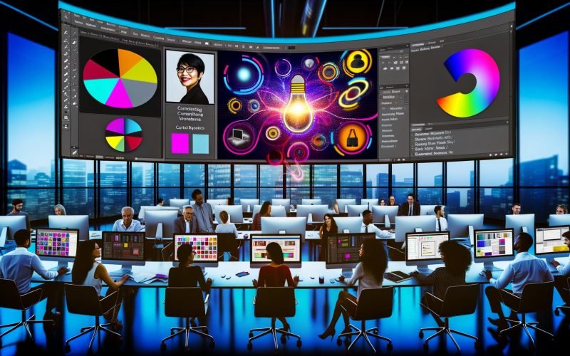 Futuristisches Büro: Marketingteam vor Displays mit Photoshop AI, generativem Füllen, Variantenraster, Batch-Export, Promptbibliothek und Smart-Objects; Firefly, Martech- und DAM-Pipelines.