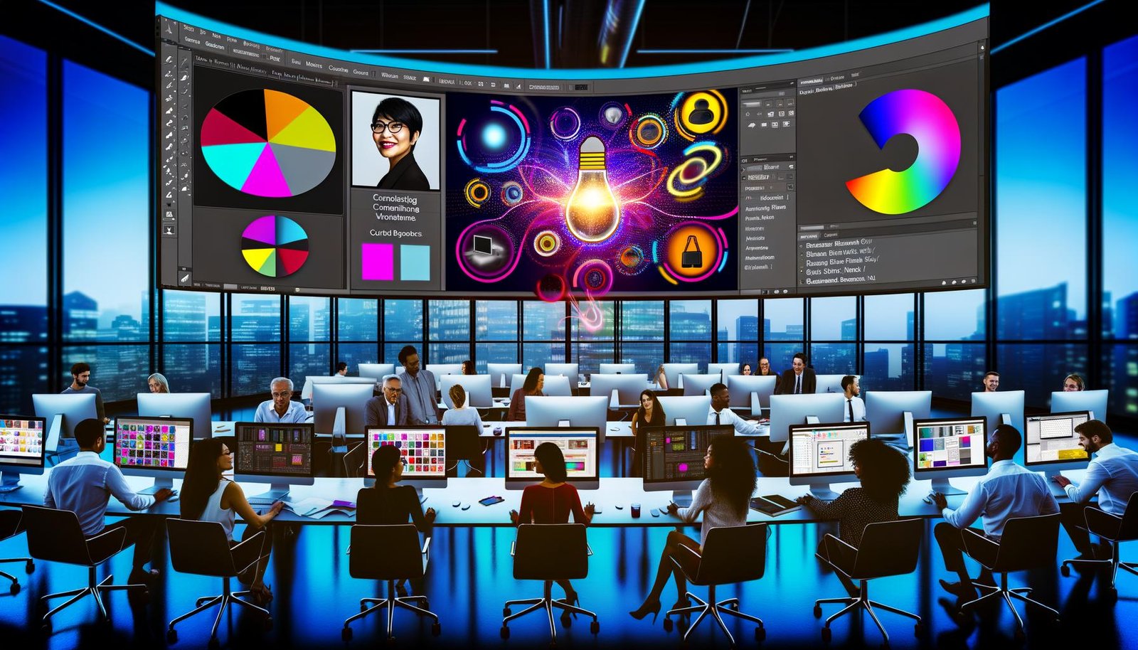 Futuristisches Büro: Marketingteam vor Displays mit Photoshop AI, generativem Füllen, Variantenraster, Batch-Export, Promptbibliothek und Smart-Objects; Firefly, Martech- und DAM-Pipelines.