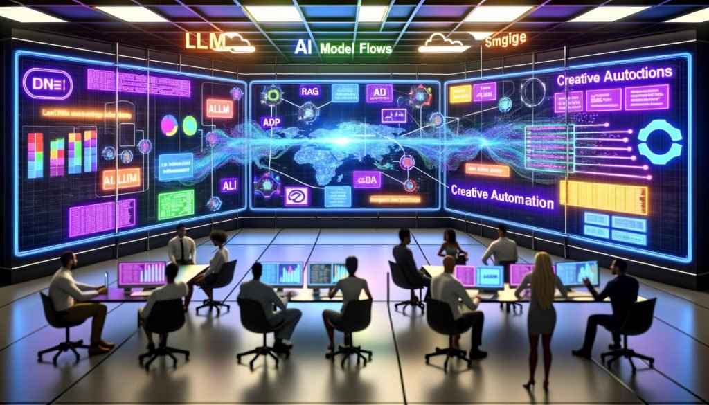 Futuristischer KI‑Marketing‑Workspace mit schwebenden Bildschirmen, Pipeline‑Dashboard (LLM, RAG, CDP), Code, Ad‑Creatives und KPI‑Grafiken; diverses Team.